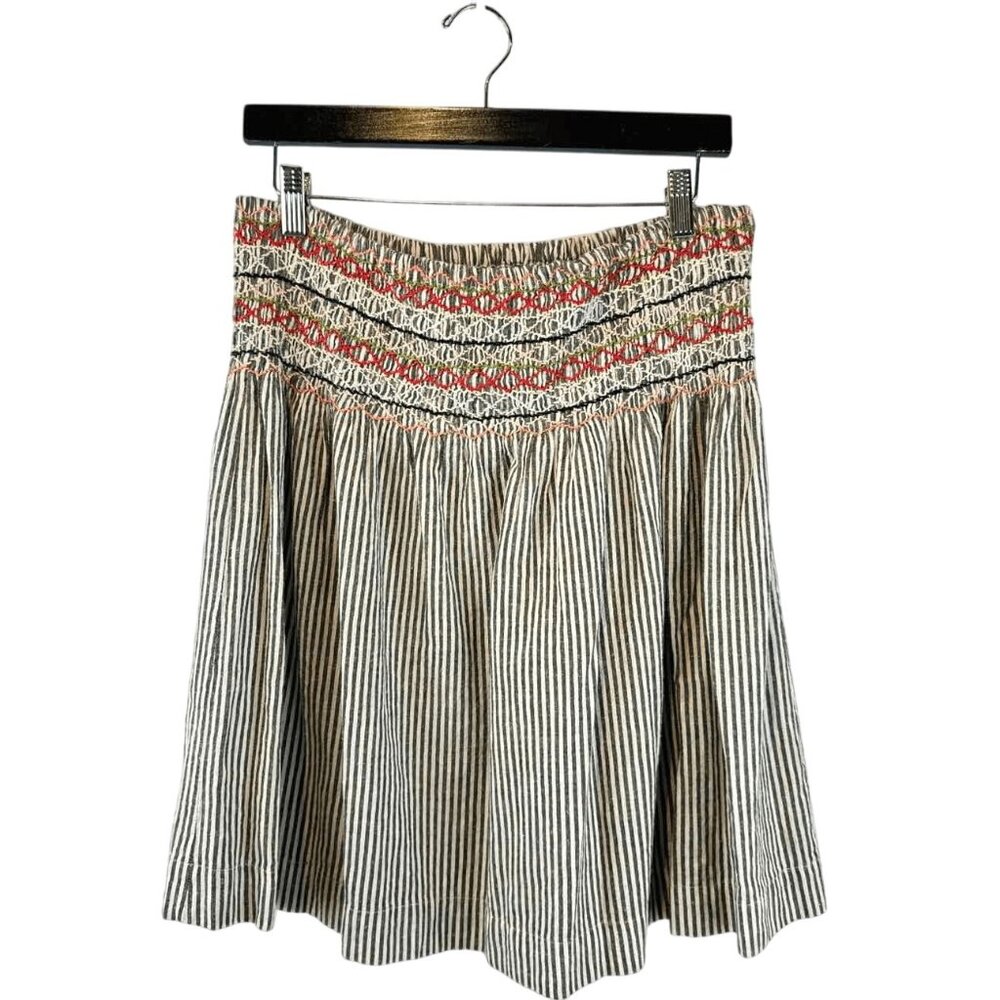 THE GREAT Vista Linen Rail Stripe Grey Skirt with Embroidery - Size 1